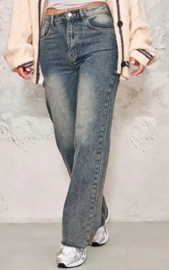Indigo Vintage Wash Frayed Hem Wide Leg Jeans