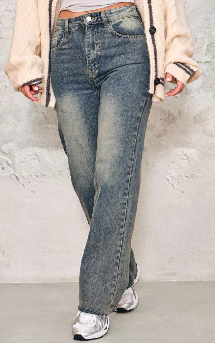 Indigo Vintage Wash Frayed Hem Wide Leg Jeans