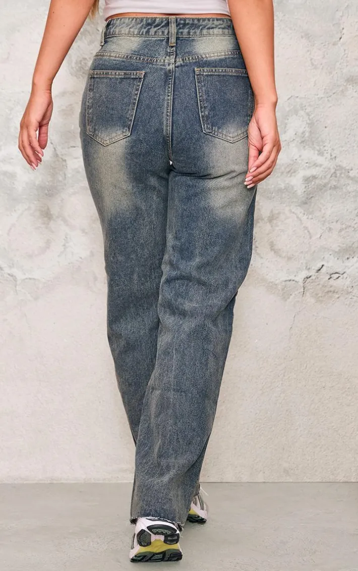 Indigo Vintage Wash Frayed Hem Wide Leg Jeans