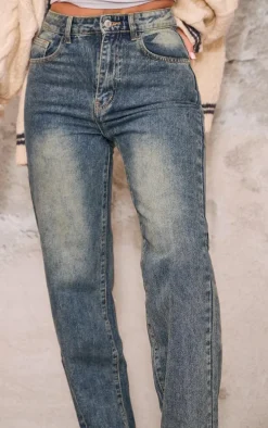 Indigo Vintage Wash Frayed Hem Wide Leg Jeans