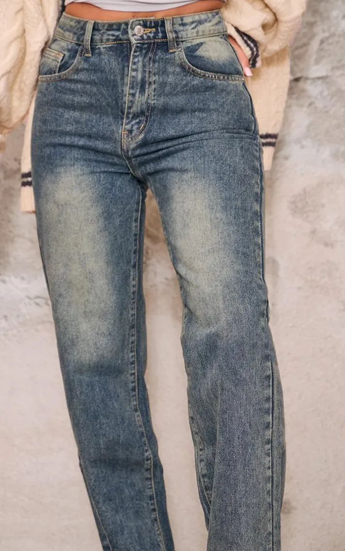 Indigo Vintage Wash Frayed Hem Wide Leg Jeans