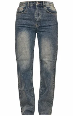 Indigo Vintage Wash Frayed Hem Wide Leg Jeans