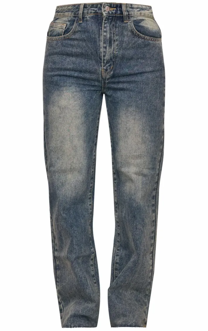 Indigo Vintage Wash Frayed Hem Wide Leg Jeans
