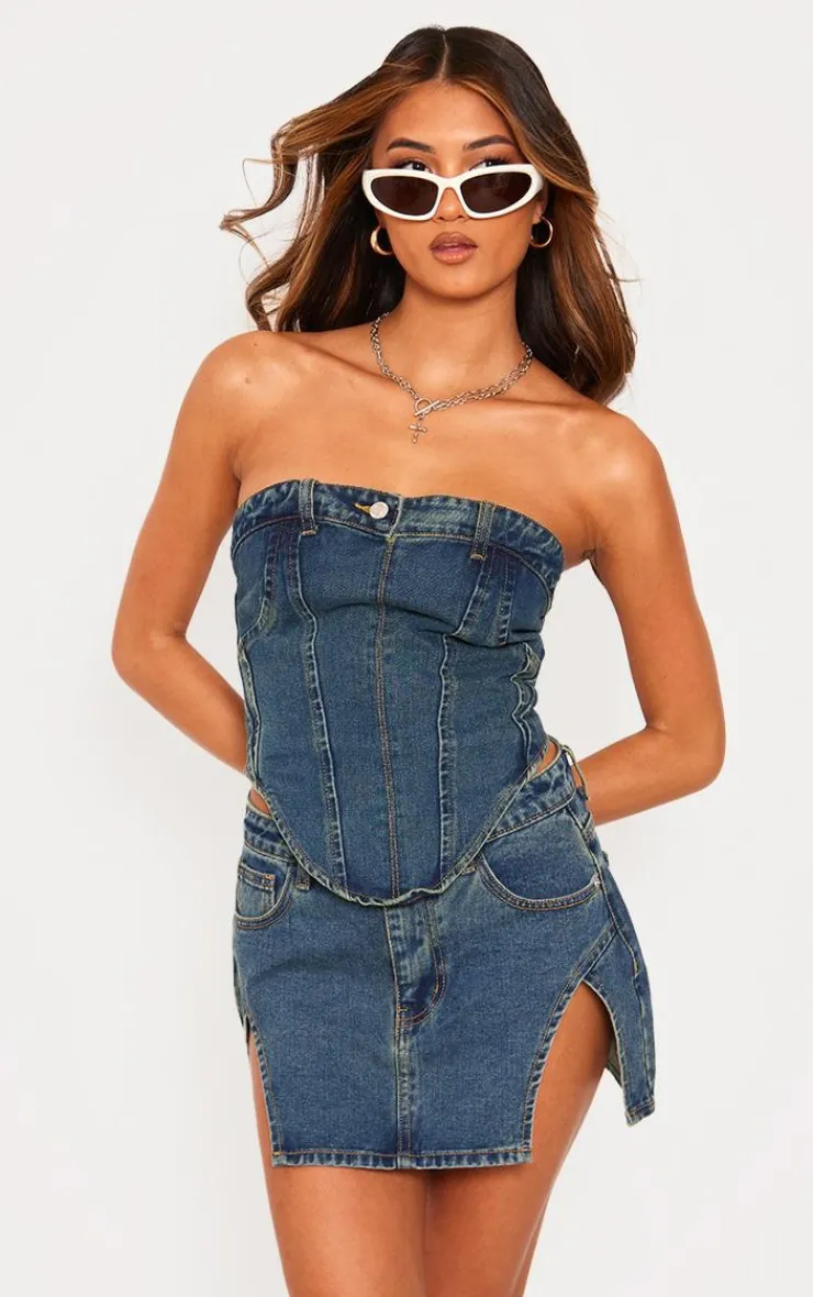 PrettyLittleThing Corsets*Jean Waistband Detail Denim Corset Top