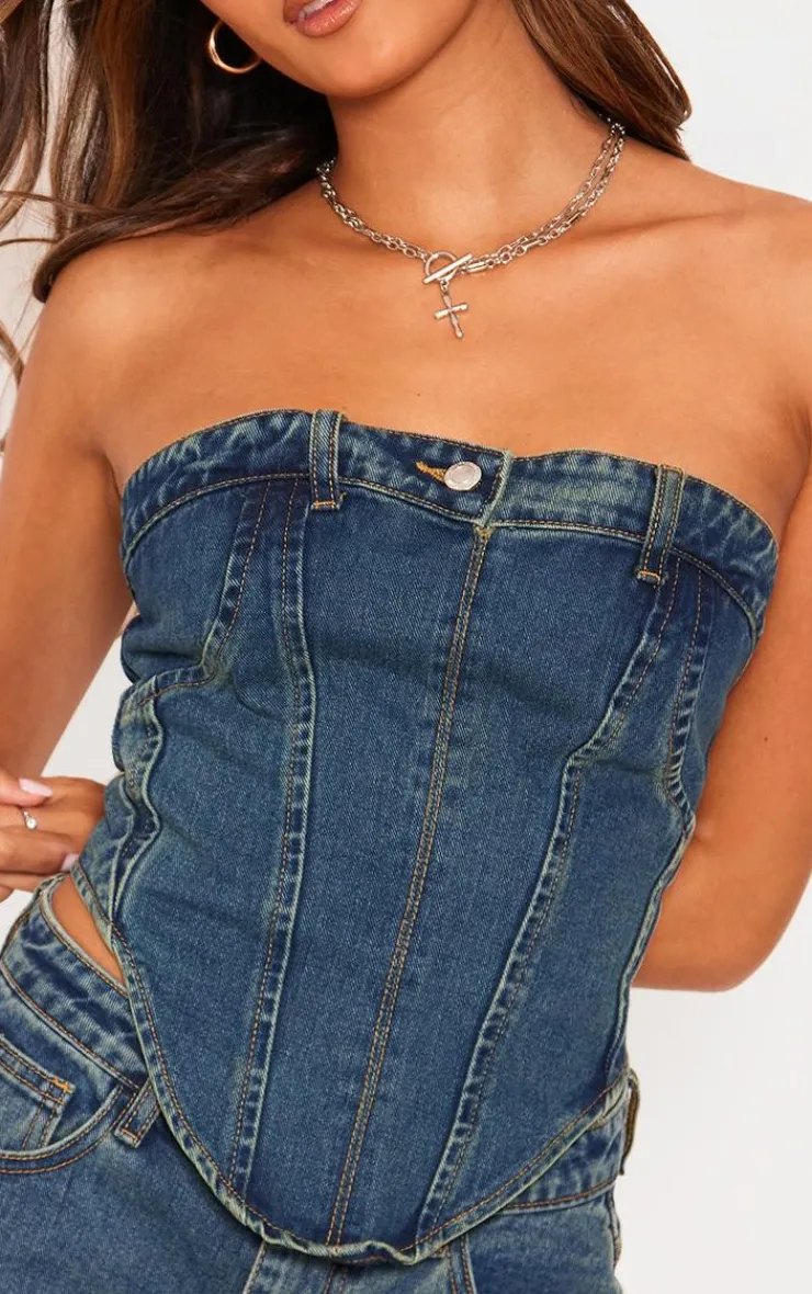 PrettyLittleThing Corsets*Jean Waistband Detail Denim Corset Top