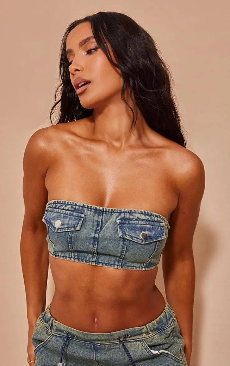 Online PrettyLittleThing Pocket Detail Denim Bandeau Top Indigo Vintage Wash