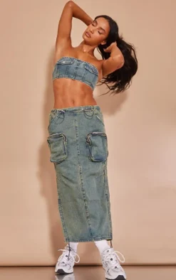 Online PrettyLittleThing Pocket Detail Denim Bandeau Top Indigo Vintage Wash