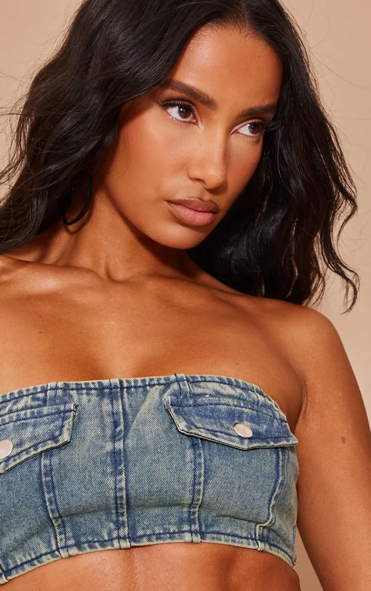 Online PrettyLittleThing Pocket Detail Denim Bandeau Top Indigo Vintage Wash