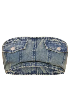Online PrettyLittleThing Pocket Detail Denim Bandeau Top Indigo Vintage Wash