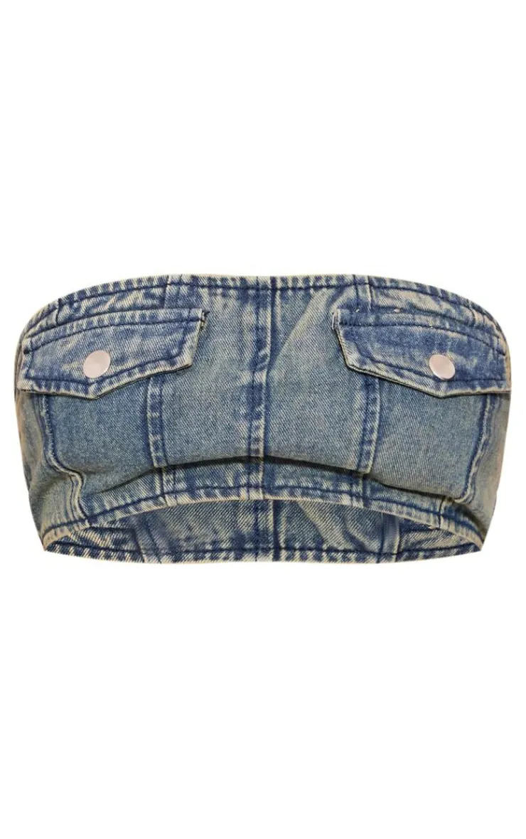 Online PrettyLittleThing Pocket Detail Denim Bandeau Top Indigo Vintage Wash