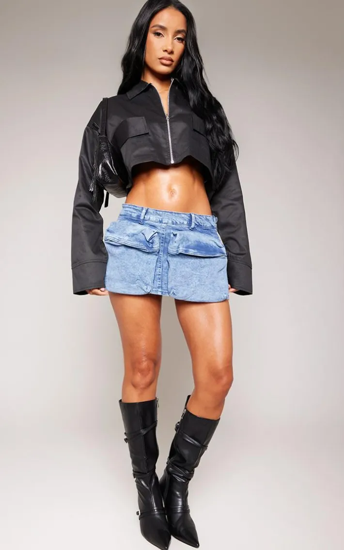 Indigo Vintage Wash Pocket Detail Low Rise Micro Mini Denim Skirt