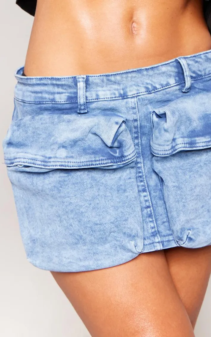 Indigo Vintage Wash Pocket Detail Low Rise Micro Mini Denim Skirt