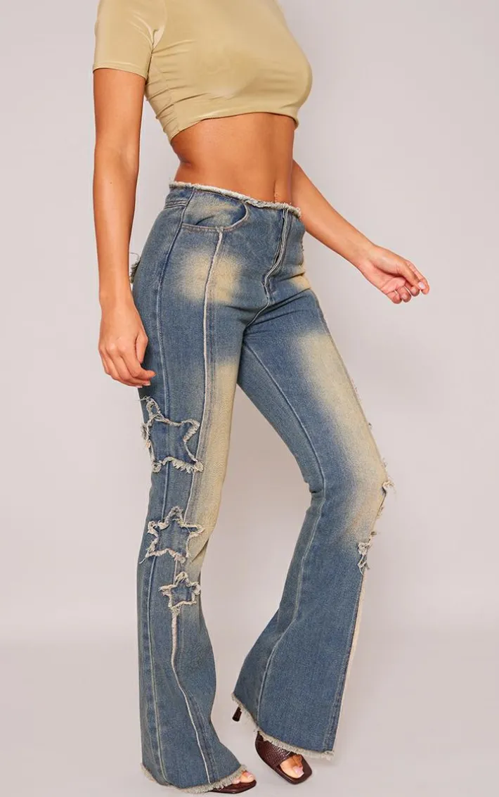 Indigo Vintage Wash Raw Hem Star Embroidery Flared Jeans