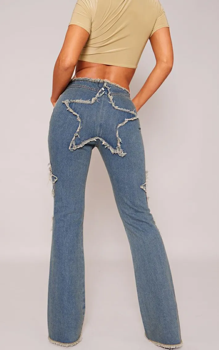 Indigo Vintage Wash Raw Hem Star Embroidery Flared Jeans
