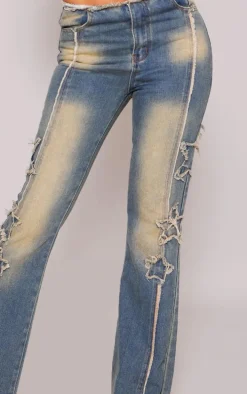 Indigo Vintage Wash Raw Hem Star Embroidery Flared Jeans