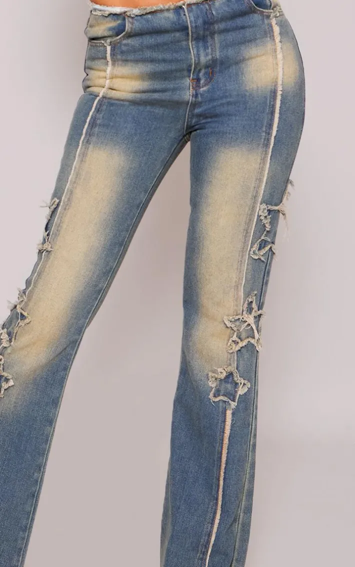 Indigo Vintage Wash Raw Hem Star Embroidery Flared Jeans