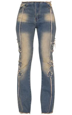 Indigo Vintage Wash Raw Hem Star Embroidery Flared Jeans