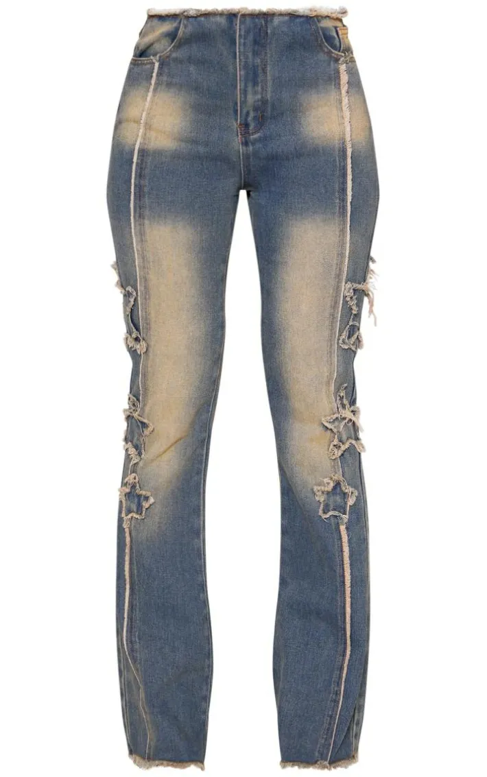 Indigo Vintage Wash Raw Hem Star Embroidery Flared Jeans