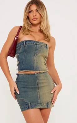 PrettyLittleThing Raw Hem Star Embroidery Bandeau Denim Top Indigo Vintage Wash