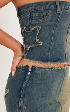 PrettyLittleThing Raw Hem Star Embroidery Bandeau Denim Top Indigo Vintage Wash
