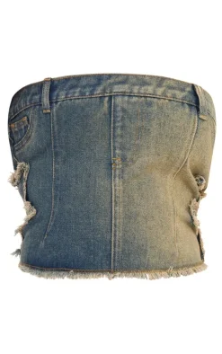 PrettyLittleThing Raw Hem Star Embroidery Bandeau Denim Top Indigo Vintage Wash