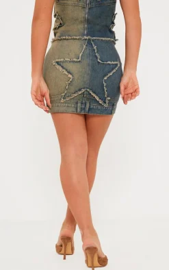 Sale PrettyLittleThing Raw Hem Star Embroidery Denim Mini Skirt Indigo Vintage Wash