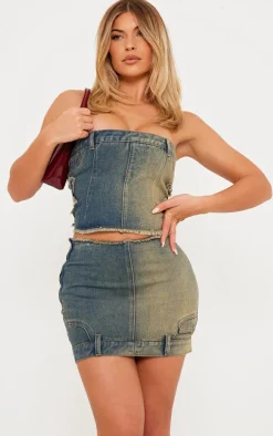 Sale PrettyLittleThing Raw Hem Star Embroidery Denim Mini Skirt Indigo Vintage Wash