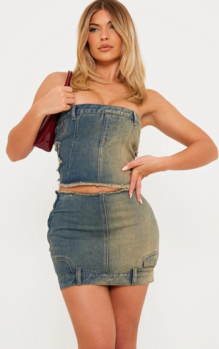 Sale PrettyLittleThing Raw Hem Star Embroidery Denim Mini Skirt Indigo Vintage Wash