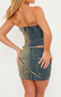 Sale PrettyLittleThing Raw Hem Star Embroidery Denim Mini Skirt Indigo Vintage Wash