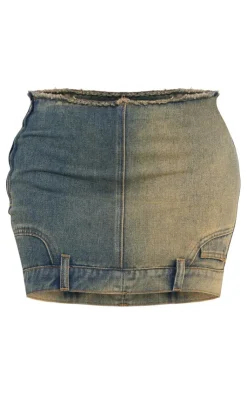 Sale PrettyLittleThing Raw Hem Star Embroidery Denim Mini Skirt Indigo Vintage Wash