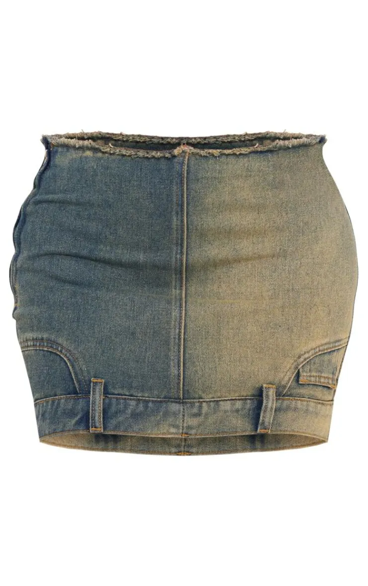 Sale PrettyLittleThing Raw Hem Star Embroidery Denim Mini Skirt Indigo Vintage Wash