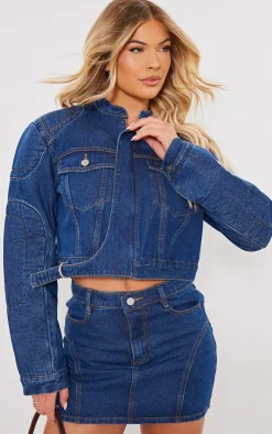 Sale PrettyLittleThing Seam Detail Oversized Denim Bomber Jacket Indigo Vintage Wash