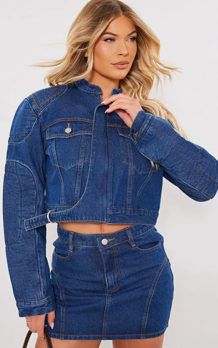 Sale PrettyLittleThing Seam Detail Oversized Denim Bomber Jacket Indigo Vintage Wash