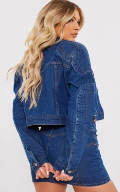 Sale PrettyLittleThing Seam Detail Oversized Denim Bomber Jacket Indigo Vintage Wash