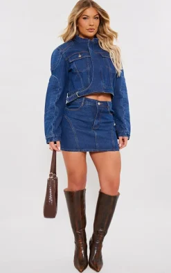 Sale PrettyLittleThing Seam Detail Oversized Denim Bomber Jacket Indigo Vintage Wash
