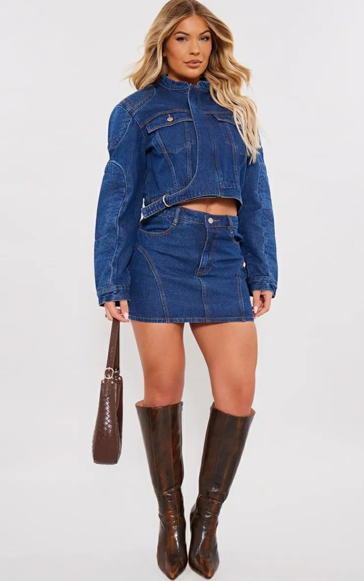Sale PrettyLittleThing Seam Detail Oversized Denim Bomber Jacket Indigo Vintage Wash