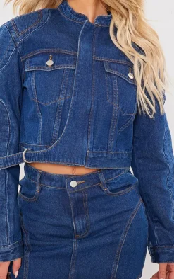 Sale PrettyLittleThing Seam Detail Oversized Denim Bomber Jacket Indigo Vintage Wash