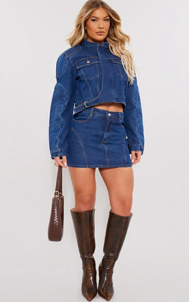 Discount PrettyLittleThing Indigo Vintage Wash Seam Detail Denim Mini Skirt Washed Indigo