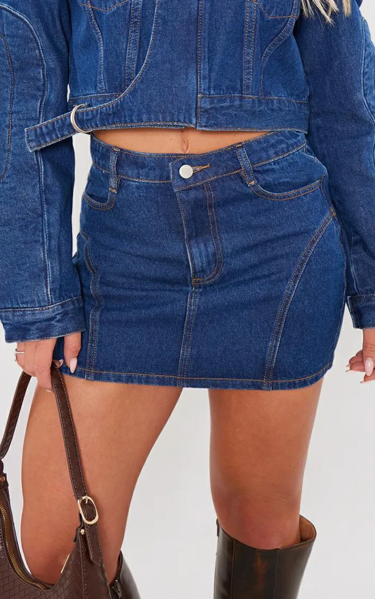 Discount PrettyLittleThing Indigo Vintage Wash Seam Detail Denim Mini Skirt Washed Indigo