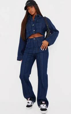 Outlet PrettyLittleThing Indigo Wash Stripe Denim Straight Leg Jeans Washed Indigo