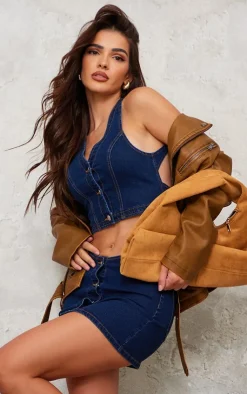 Sale PrettyLittleThing Western Style Denim Vest Indigo