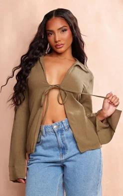 PrettyLittleThing Shirts*Tie Front Crinkle Shirt