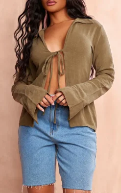 PrettyLittleThing Shirts*Tie Front Crinkle Shirt