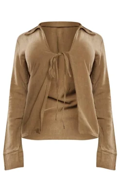 PrettyLittleThing Shirts*Tie Front Crinkle Shirt