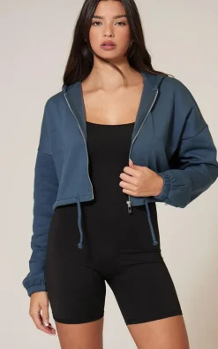 Ink Blue Toggle Waist Zip Up Cropped Hoodie