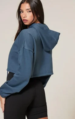 Ink Blue Toggle Waist Zip Up Cropped Hoodie