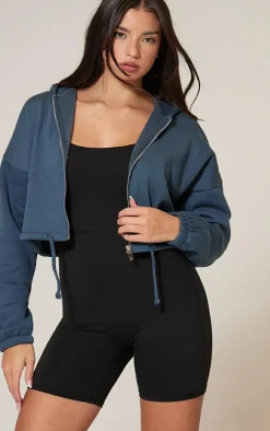 Ink Blue Toggle Waist Zip Up Cropped Hoodie
