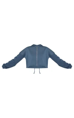 Ink Blue Toggle Waist Zip Up Cropped Hoodie