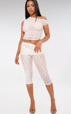 Outlet PrettyLittleThing Lace Sheer Foldover Capri Pants Ivory