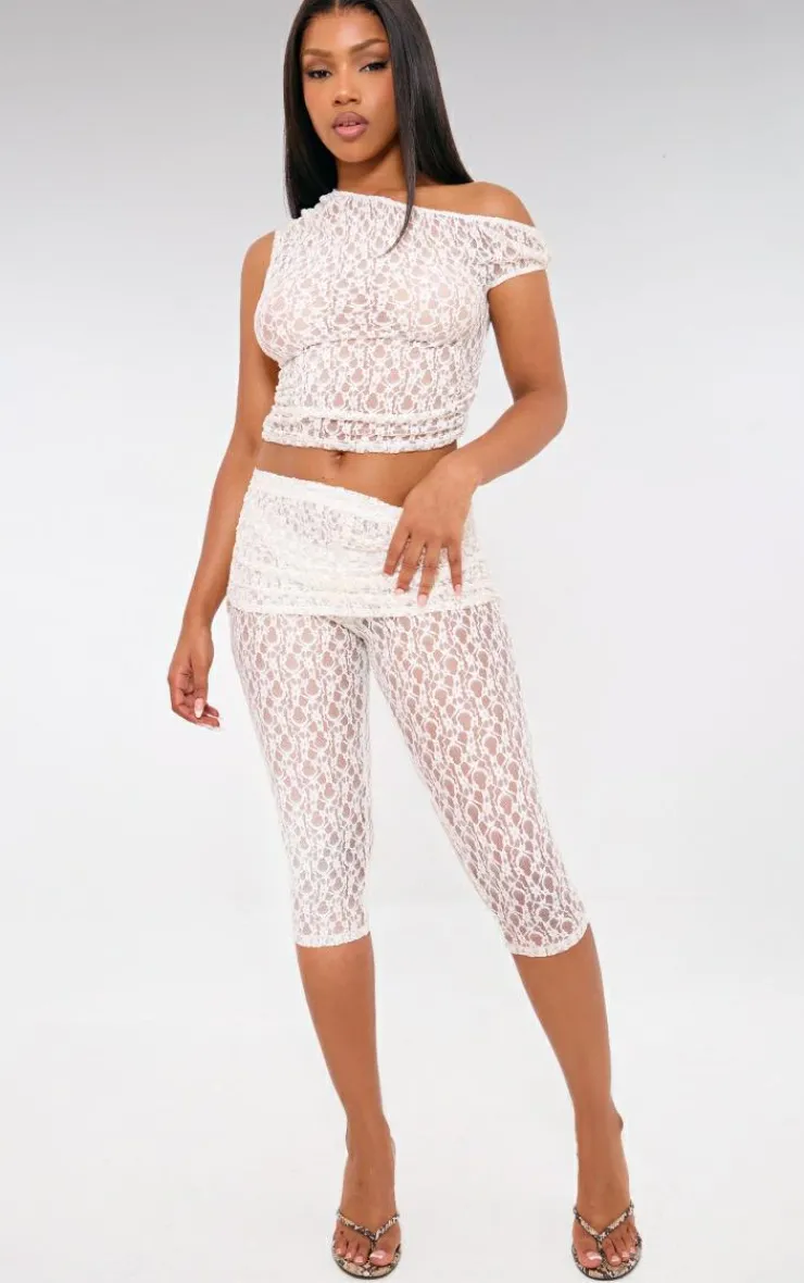 Outlet PrettyLittleThing Lace Sheer Foldover Capri Pants Ivory